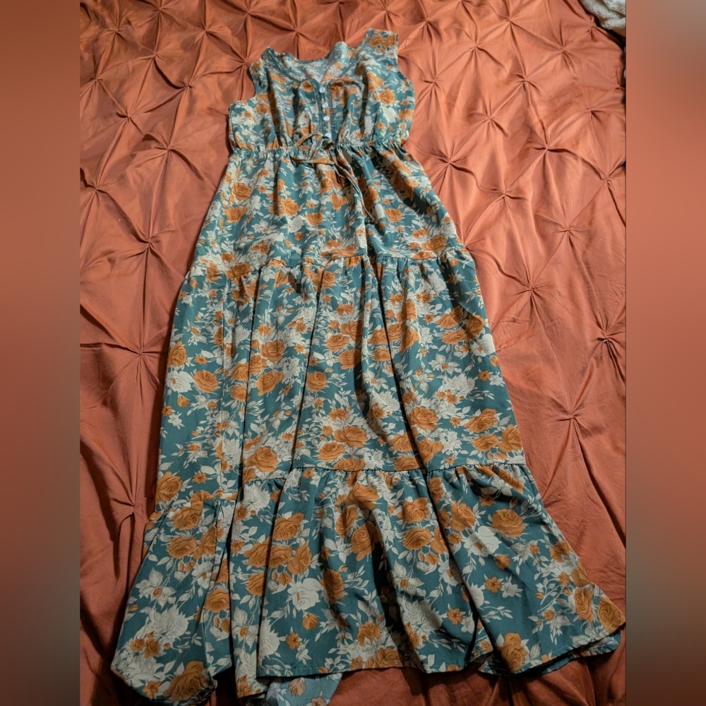 Blue and Brown Pleated Smocked Maxi Sundress